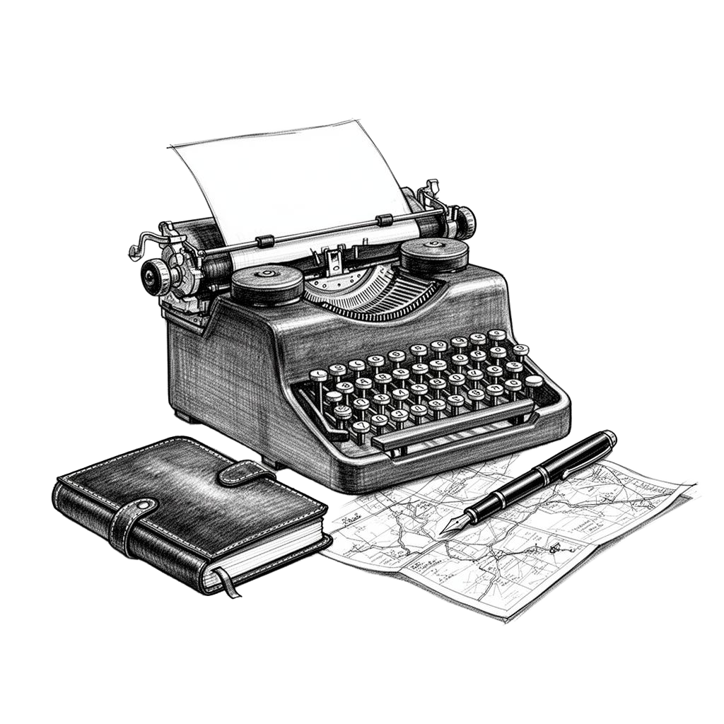 Pencil sketch of a correspondent writing in a field notebook beside a vintage typewriter